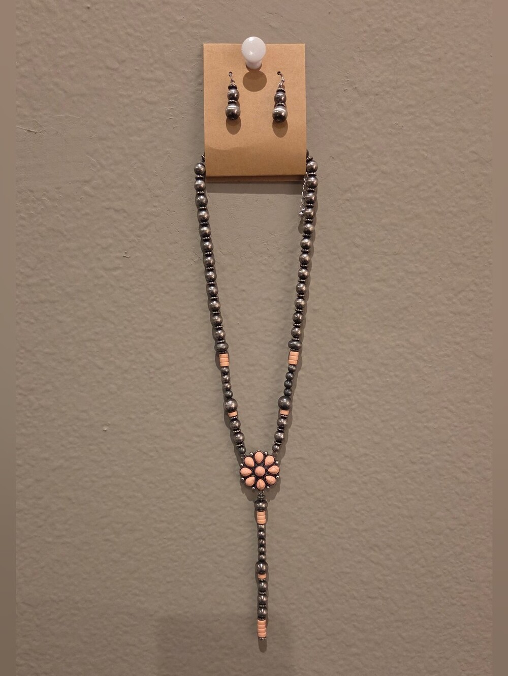 Tipi Silver-Tone Beaded Necklace with Coral Flower Pendant- Faux Navajo NEW